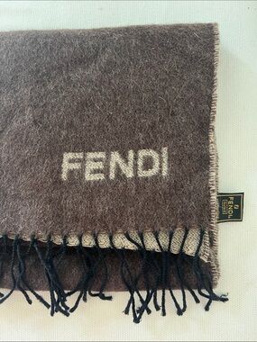 Fendi Brown and Cream Logo Fringe Wool Scarf